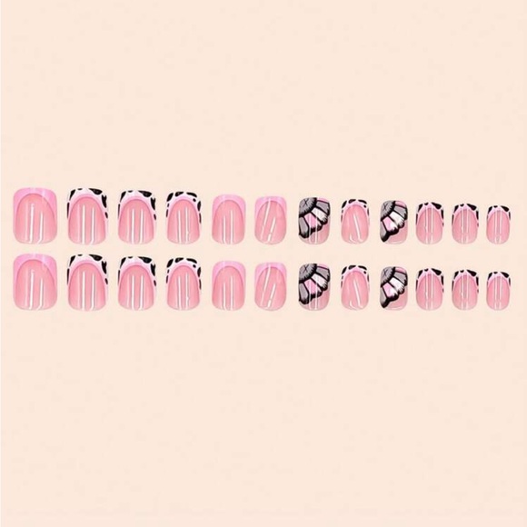 Instantly Upgrade Your Look with 24pcs Short Square Black Spotted Pink Frenchy - Picture 1 of 5